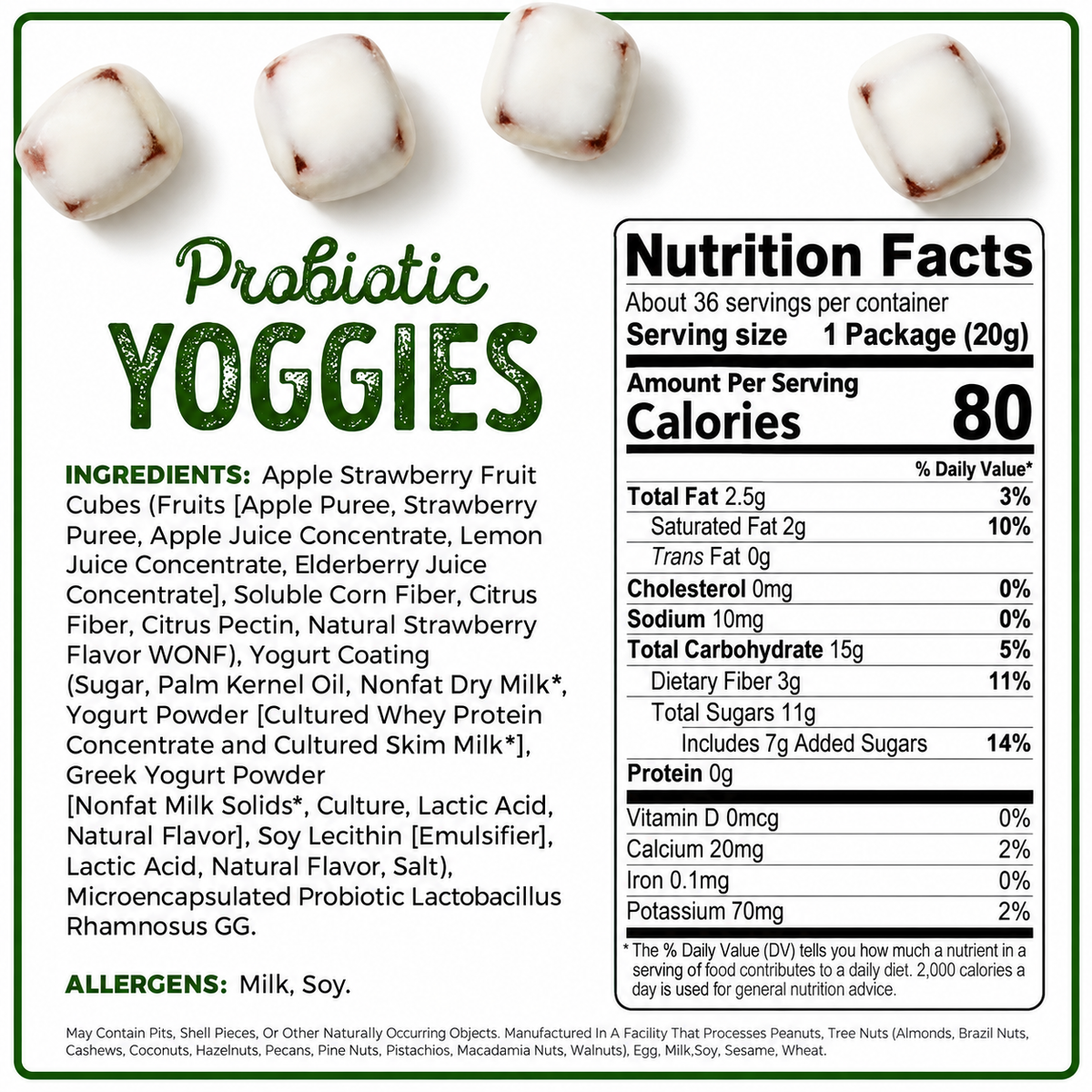 Nutrition facts for Mango Peach Probiotic Yoggies 25.3 oz with ingredients and serving details.