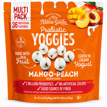Mango Peach Probiotic Yoggies 25.3 oz pouch by Nature's Garden, featuring snack-sized yogurt bites with real fruit.