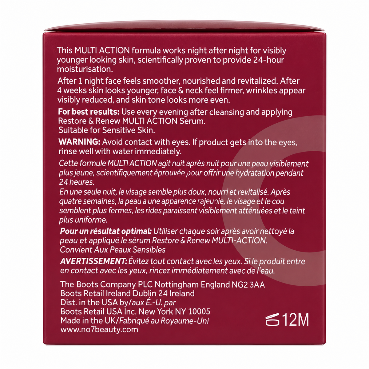 No7 Restore & Renew Night Cream packaging with anti-aging benefits and ingredients for mature skin