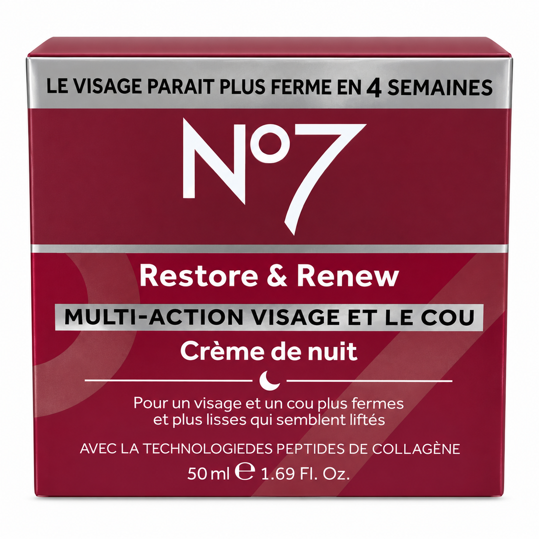 No7 Restore & Renew Night Cream 50ml jar for face and neck firming, designed for mature skin hydration.