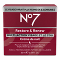 No7 Restore & Renew Night Cream 50ml packaging, fragrance-free face and neck moisturizer for mature skin.