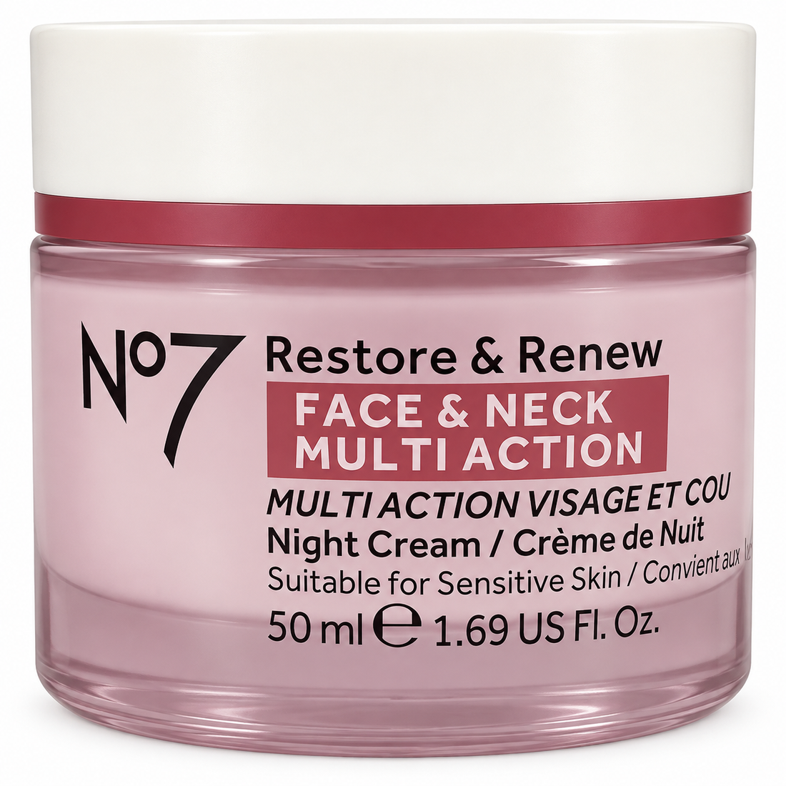 No7 Restore & Renew Night Cream 50ml jar for face and neck firming, designed for mature skin hydration.