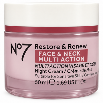 No7 Restore & Renew Night Cream 50ml jar for face and neck firming, designed for mature skin hydration.