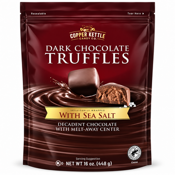 Dark Chocolate Sea Salt Truffles 16 oz packaging from Copper Kettle with individual truffles displayed.
