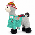 Llama Dog Chew Toy with Squeaker, featuring a gray plush llama wearing a colorful hat from ThinkDog.