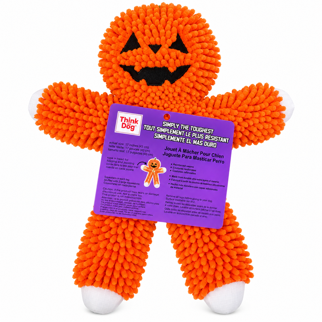 Durable Plush Dog Toy 17 Inch with Rope & Squeakers, bright orange pumpkin shape, ideal for tugging and squeaking fun.