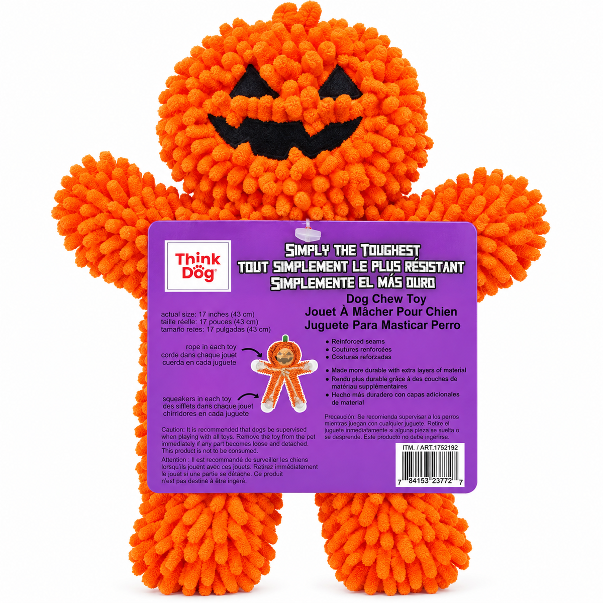 Durable Plush Dog Toy 17 Inch with Rope & Squeakers in pumpkin shape, ideal for chewing and interactive play.