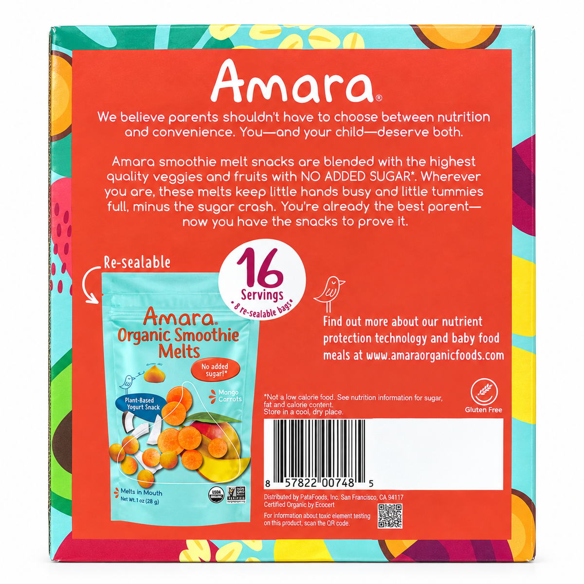 Amara Organic Smoothie Melts packaging with nutrition information, featuring mango and carrot flavors and resealable design.