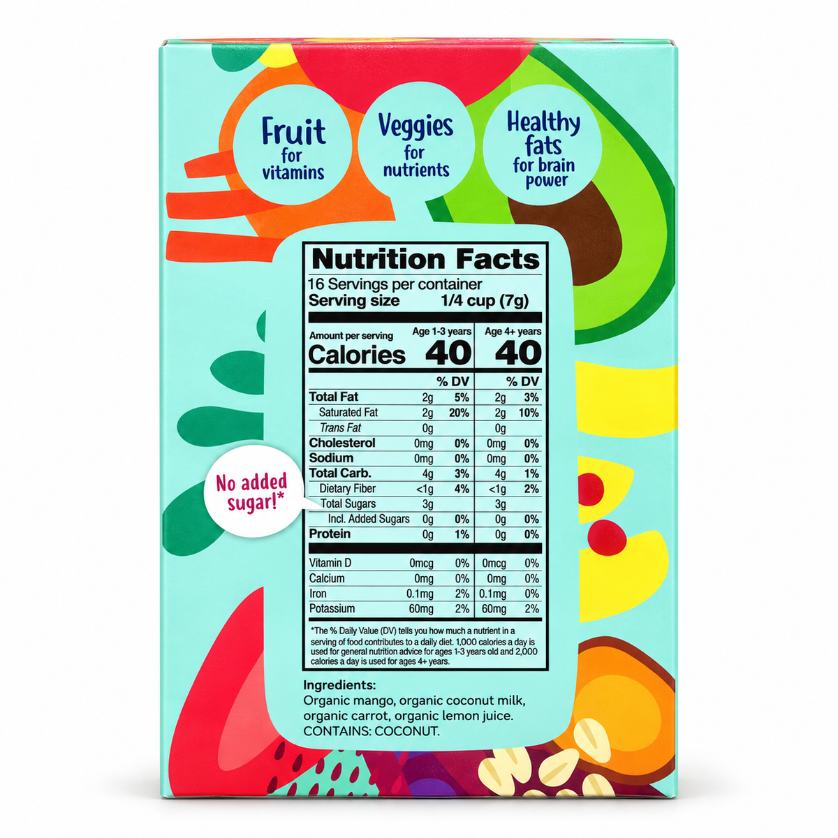 Amara Organic Smoothie Melts Mango Carrot 4 oz nutrition facts packaging with vibrant illustrations.