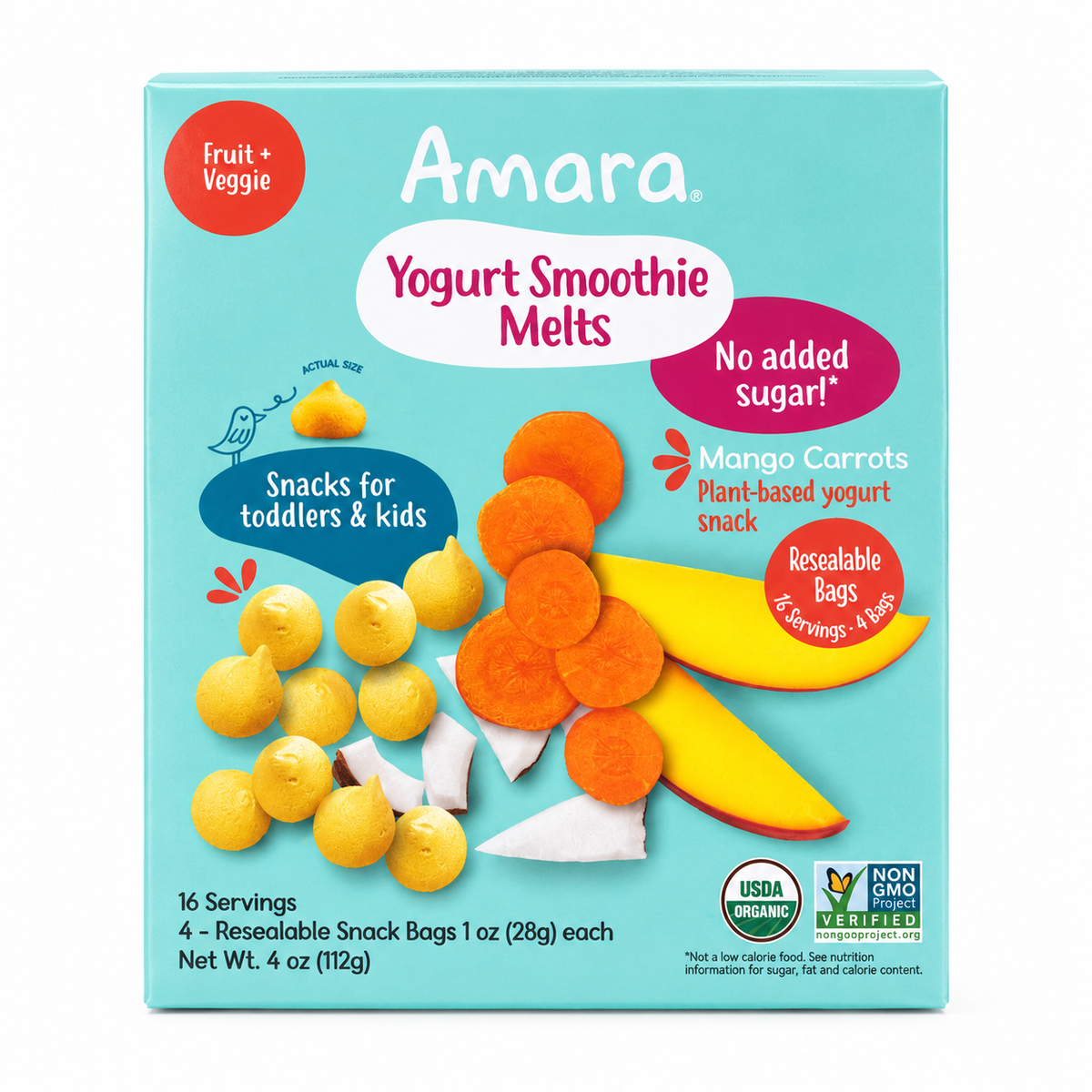 Amara Organic Smoothie Melts Mango Carrot 4 oz | Convenient plant-based yogurt snacks for toddlers.