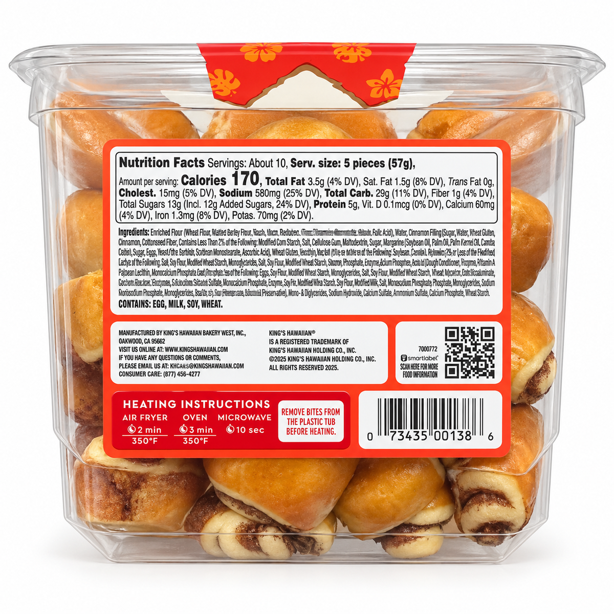 King’s Hawaiian Cinnamon Soft Swirl Bites in a clear resealable container with nutrition facts and serving instructions.