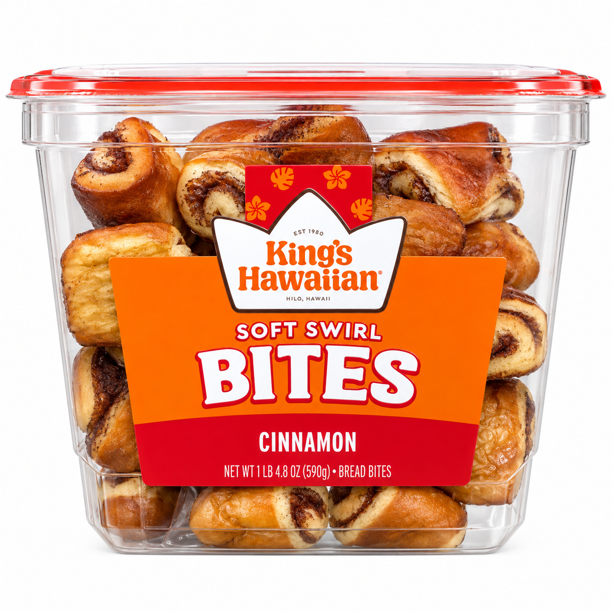King's Hawaiian Cinnamon Soft Swirl Bites in a clear container, showcasing delicious doughy bites with sweet cinnamon swirls.