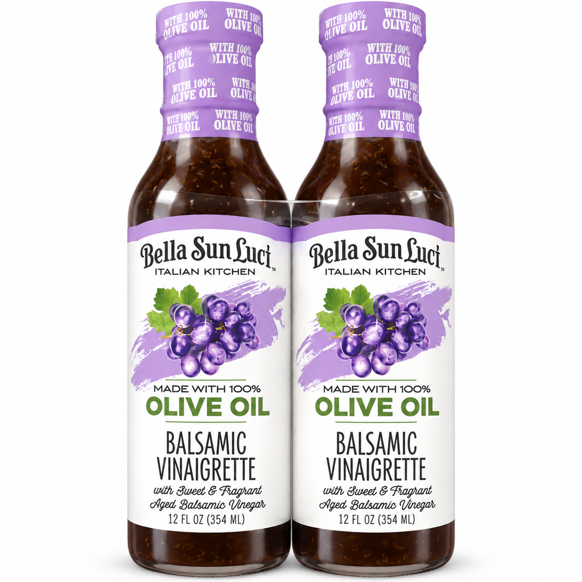 Olive Oil Balsamic Vinaigrette 12 oz | Bella Sun Luci bottles featuring 100% olive oil and aged balsamic vinegar.