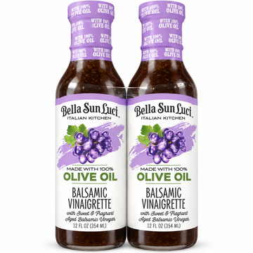 Olive Oil Balsamic Vinaigrette 12 oz | Bella Sun Luci bottles featuring 100% olive oil and aged balsamic vinegar.