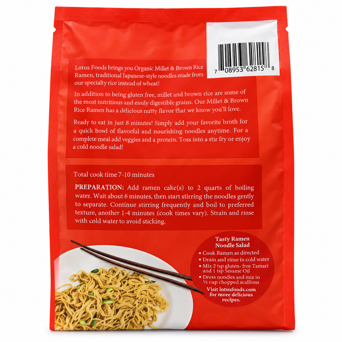 Back packaging of Millet and Brown Rice Ramen Noodles 30 oz from Lotus Foods, showcasing cooking instructions and nutritional info.