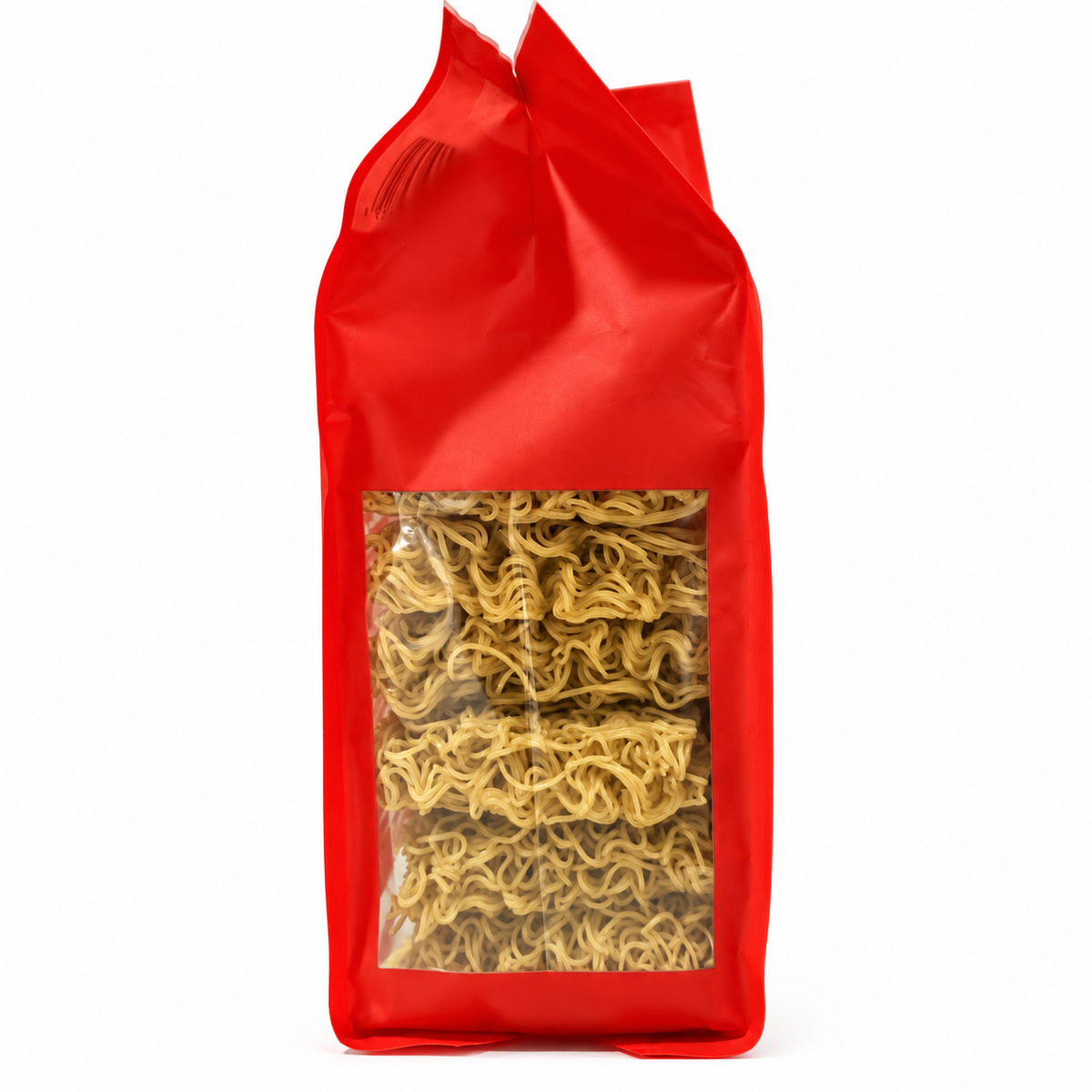 Millet and Brown Rice Ramen Noodles 30 oz package with red bag and visible noodles inside.