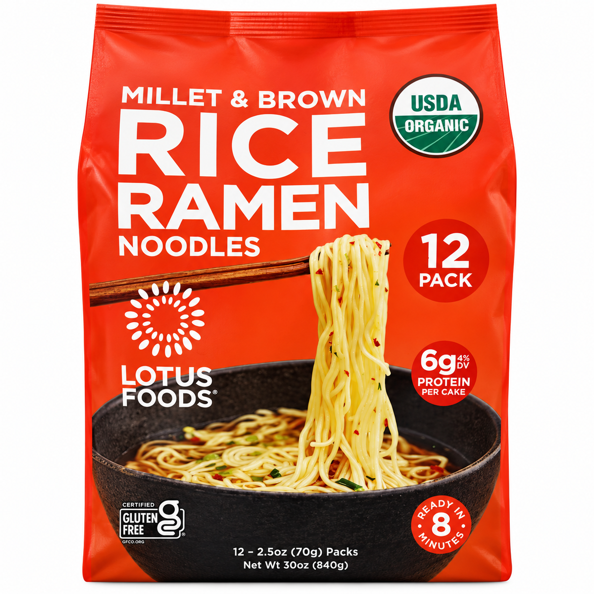 Millet and Brown Rice Ramen Noodles 30 oz package by Lotus Foods, USDA Organic, gluten-free, 12 pack.