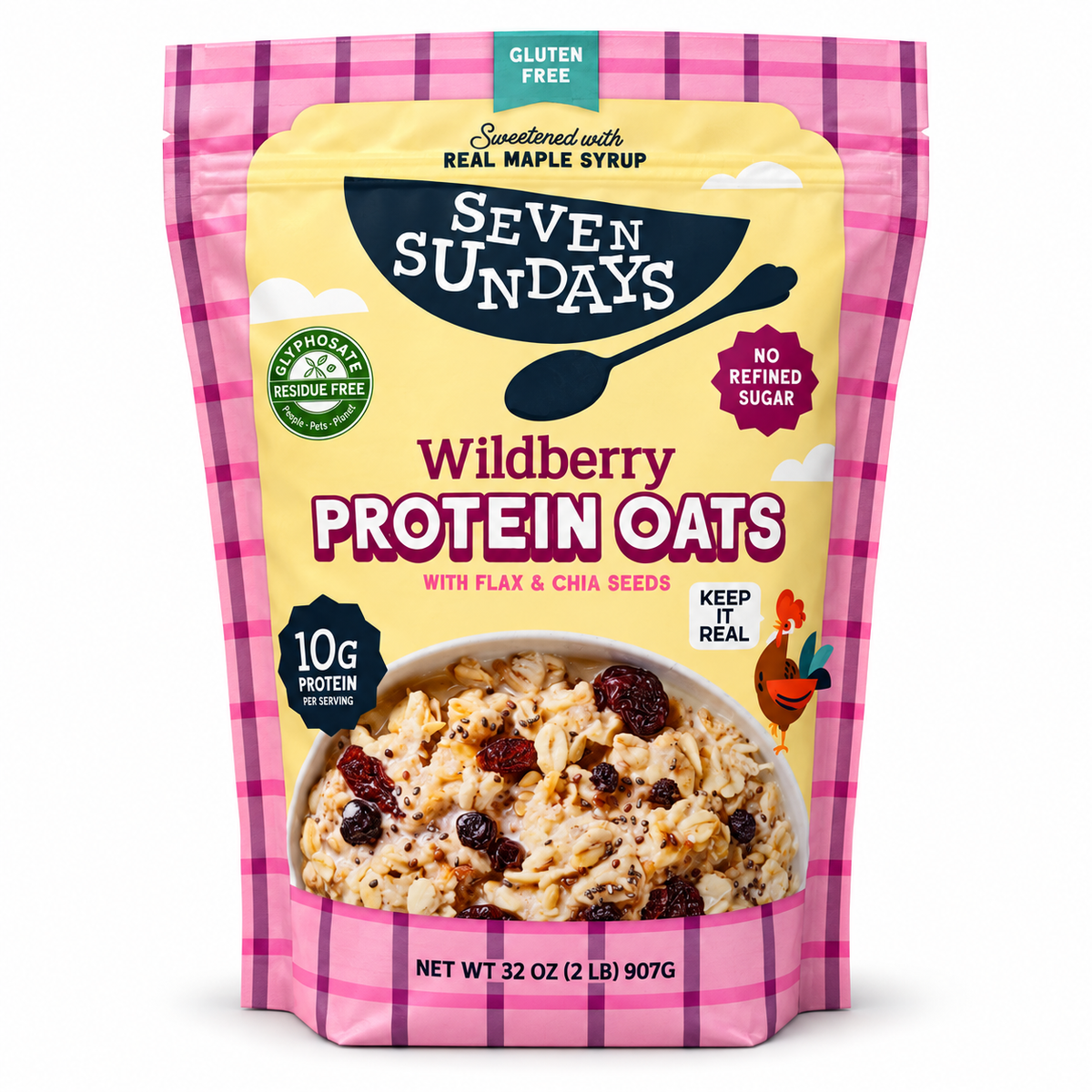 Wildberry Protein Oats 32 oz package from Seven Sundays featuring gluten-free oats, real berries, and 10g protein.