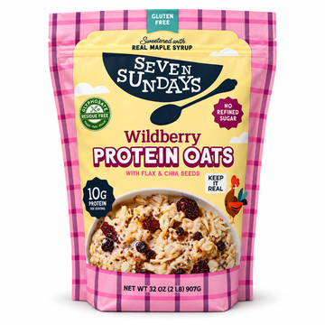 Wildberry Protein Oats 32 oz package from Seven Sundays featuring gluten-free oats, real berries, and 10g protein.