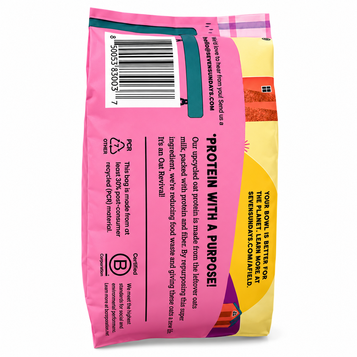Back of the Wildberry Protein Oats 32 oz package showcasing ingredients and packaging design from Seven Sundays.