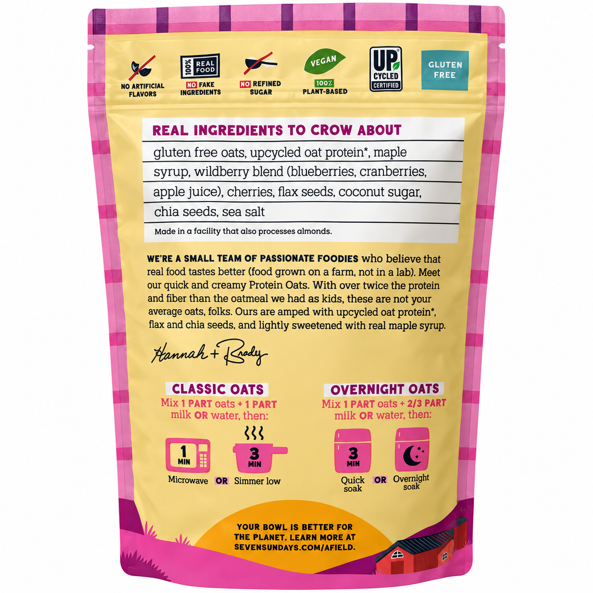 Wildberry Protein Oats 32 oz packaging showing gluten-free ingredients and nutrition information from Seven Sundays.