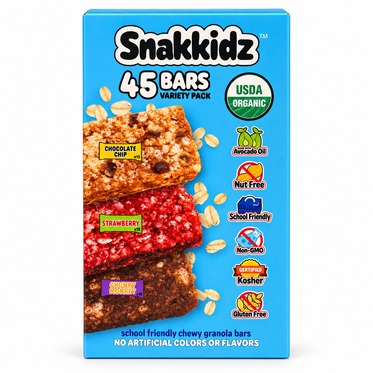 Organic Chewy Granola Bars 45 Count Variety Pack from Snakkidz featuring Chocolate Chip, Strawberry, and Chunky Monkey flavors.