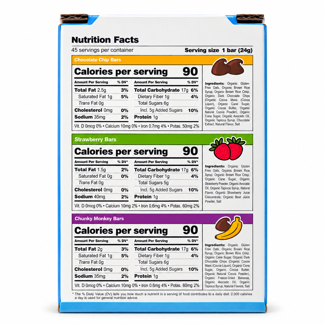 Organic Chewy Granola Bars 45 Count Variety Pack from Snakkidz featuring Chocolate Chip, Strawberry, and Chunky Monkey flavors.