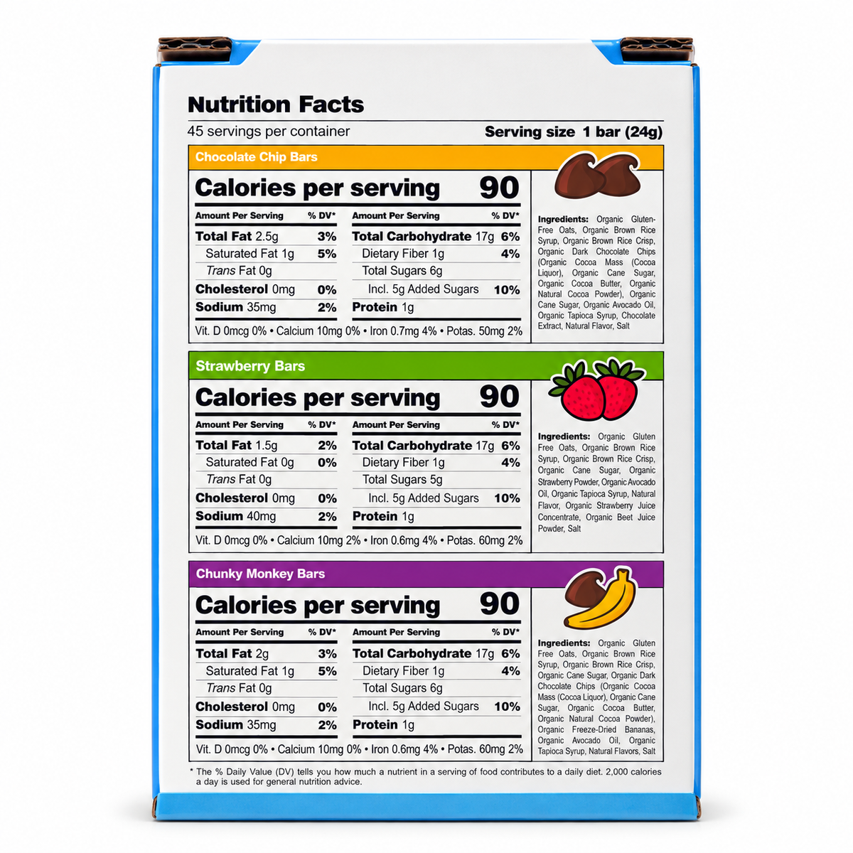 Nutrition facts for Organic Chewy Granola Bars 45 Count Variety Pack including Chocolate Chip, Strawberry, and Chunky Monkey.