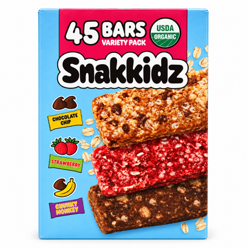 Organic Chewy Granola Bars 45 Count Variety Pack from Snakkidz featuring Chocolate Chip, Strawberry, and Chunky Monkey flavors.