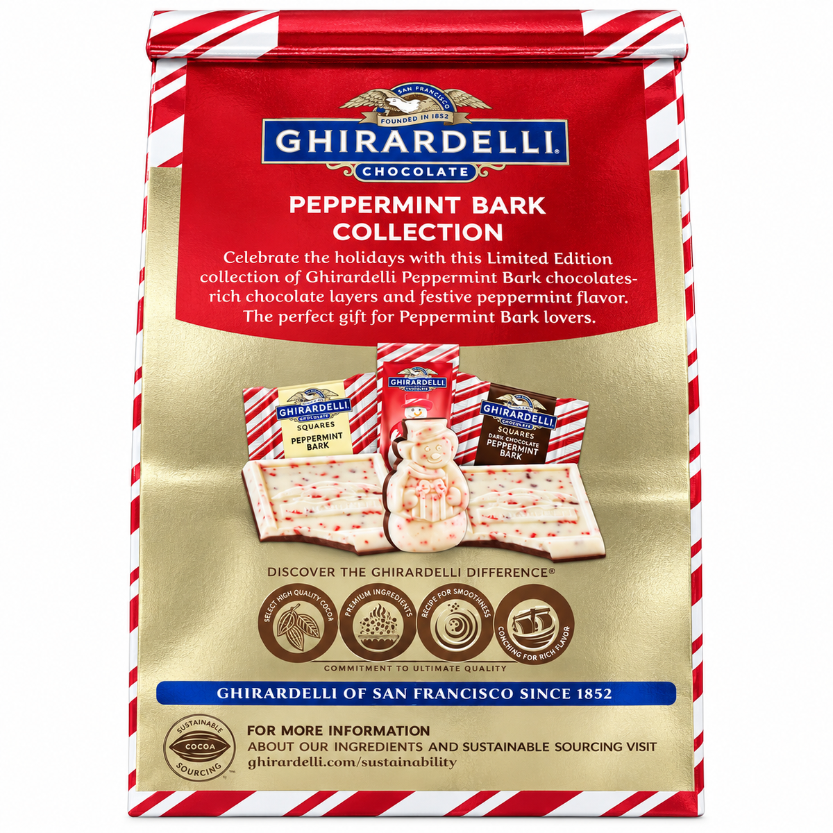 Ghirardelli Peppermint Bark Chocolates limited edition collection featuring festive packaging and delicious bark squares.