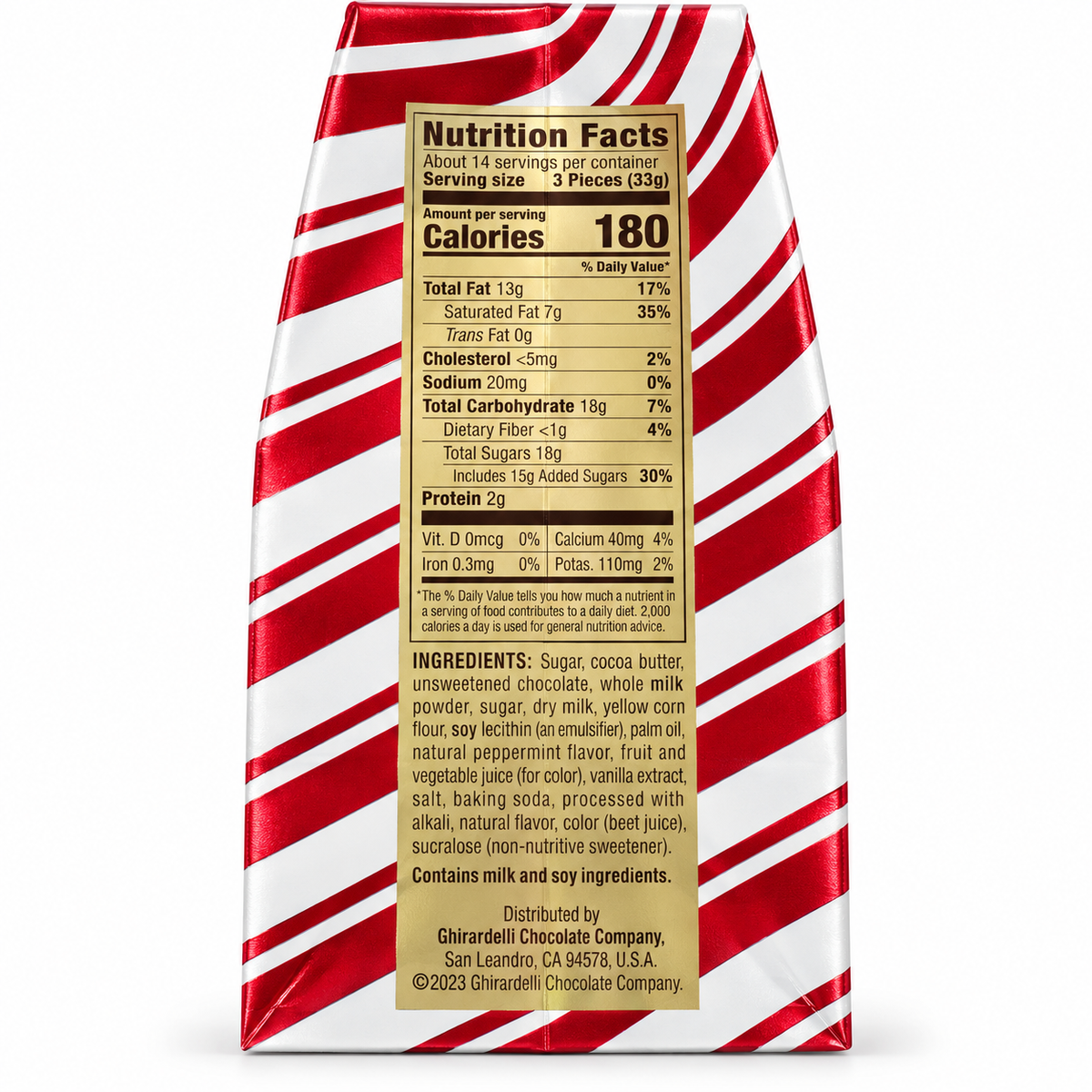 Nutrition facts for Ghirardelli Peppermint Bark Chocolates packaging, highlighting calories and ingredients.