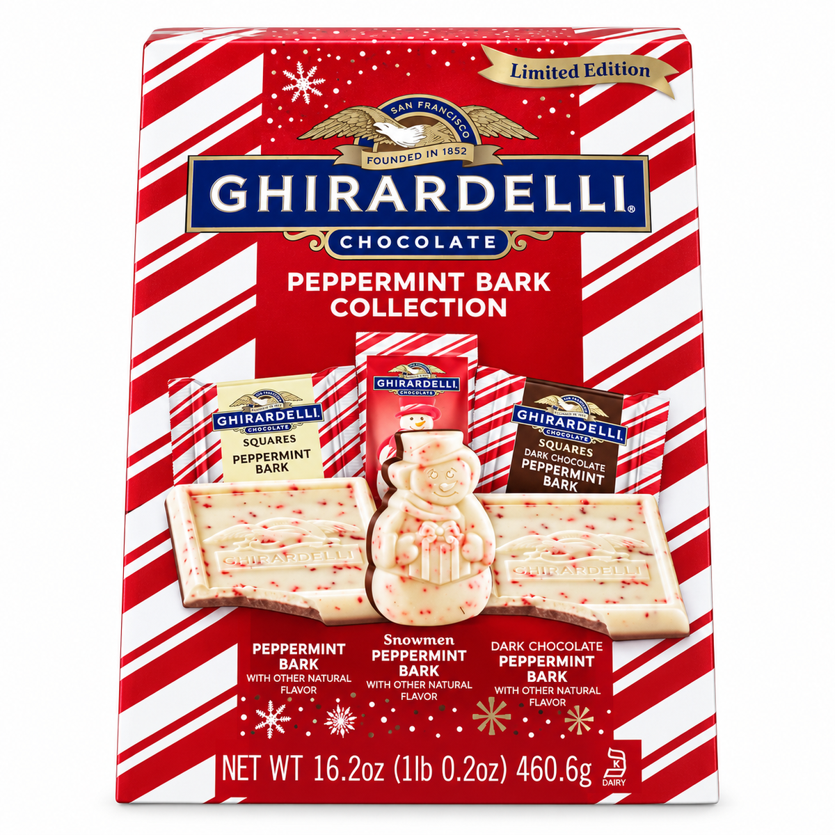 Ghirardelli Peppermint Bark Chocolates Limited Edition packaging featuring festive peppermint and chocolate treats.