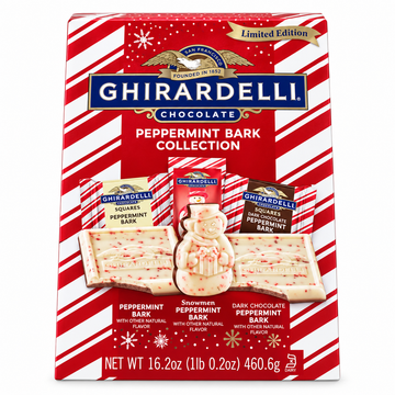 Ghirardelli Peppermint Bark Chocolates Limited Edition packaging featuring festive peppermint and chocolate treats.