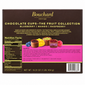 Bouchard Fruit Chocolate Cups packaging featuring blueberry, mango, raspberry flavors and nutritional information.