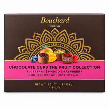Bouchard Fruit Chocolate Cups 41 Pieces packaging featuring blueberry, mango, and raspberry flavors.