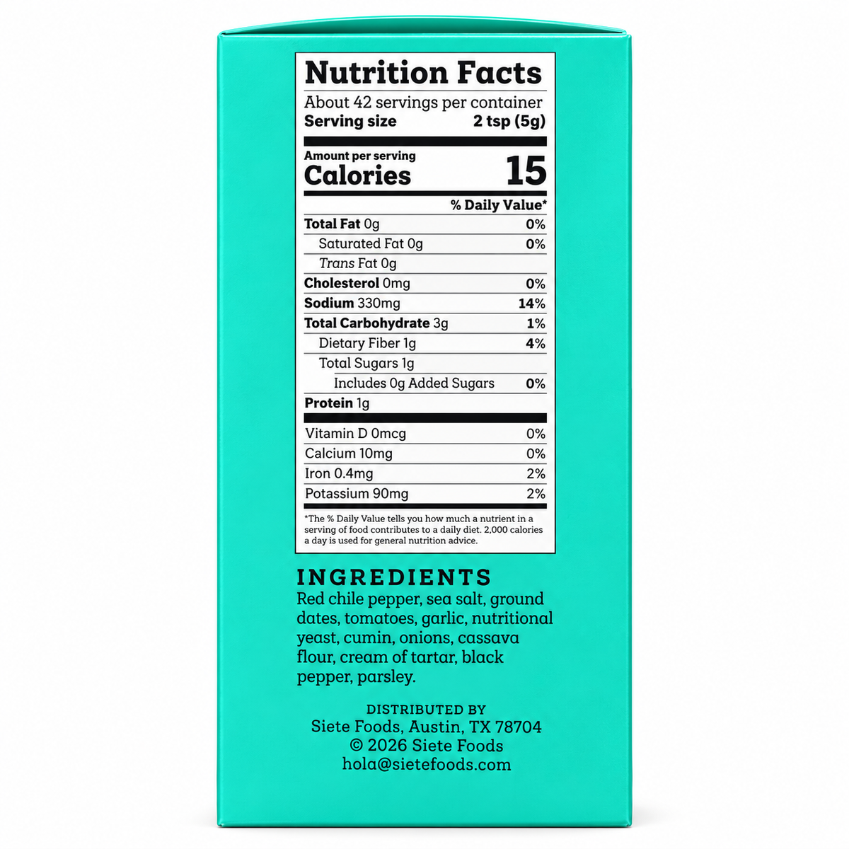 Nutrition facts and ingredients for Siete Mild Taco Seasoning 6 pouches, 1.31 oz each, highlighting its healthy components.