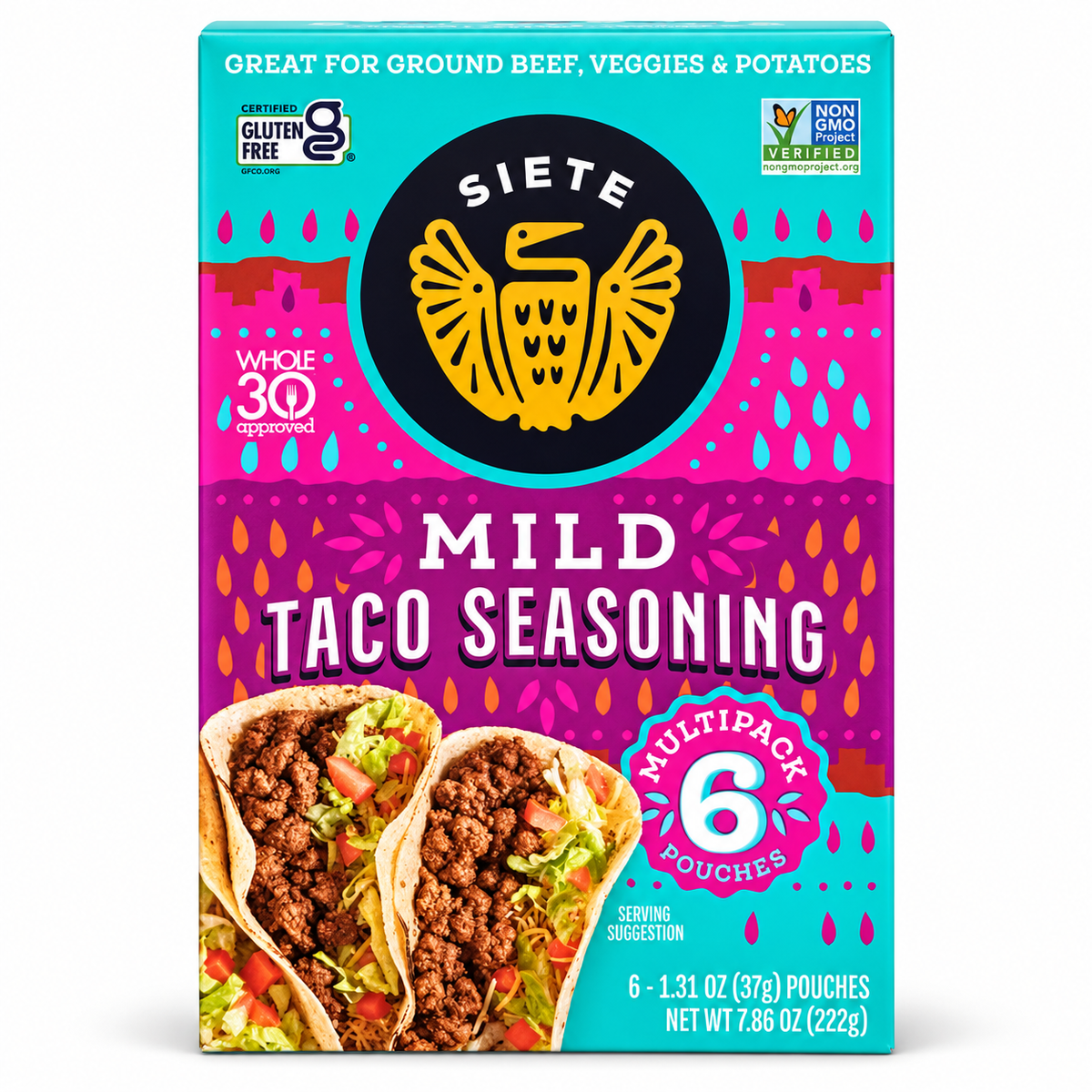 Siete Mild Taco Seasoning 6 Pouches package featuring vibrant colors and taco serving suggestion.