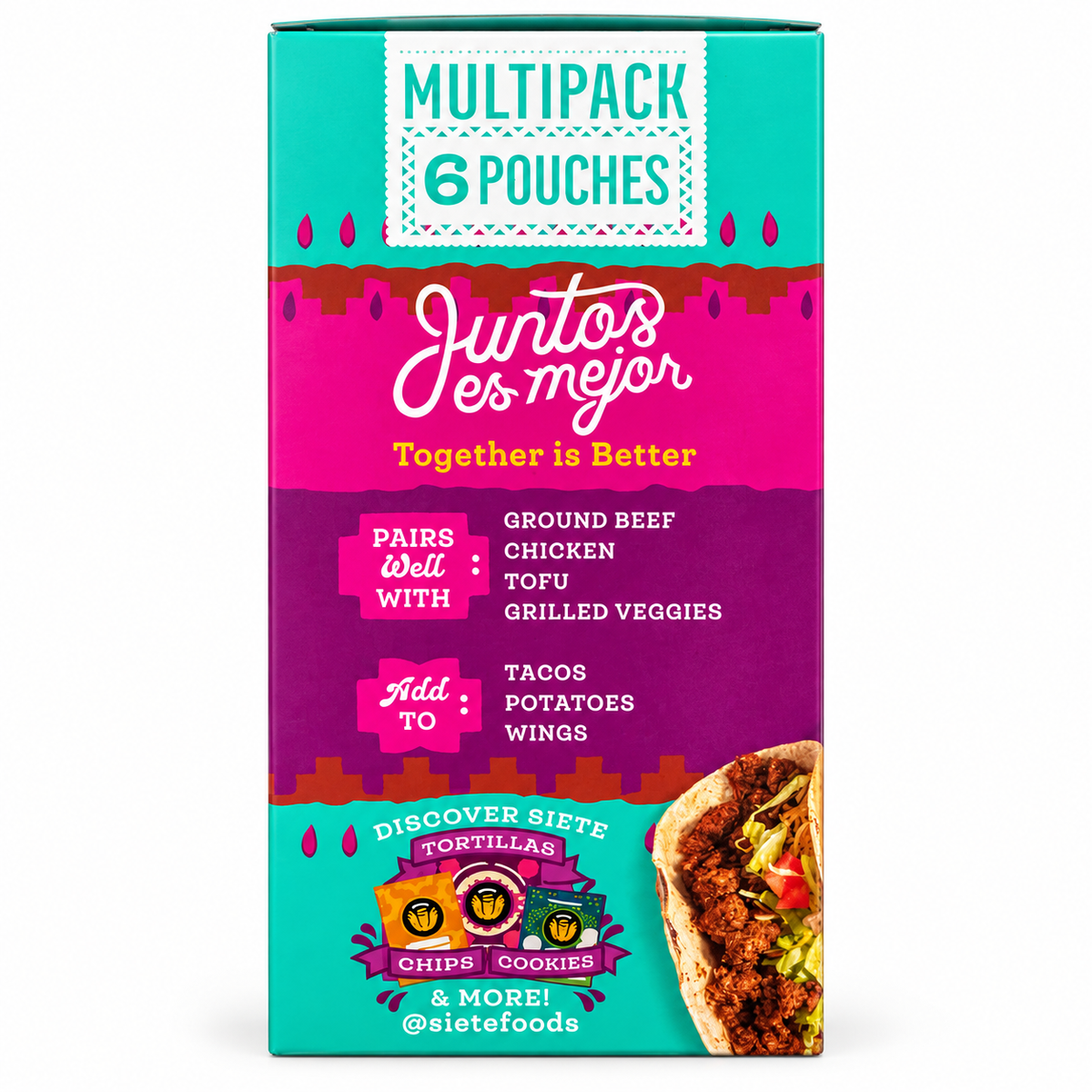 Siete Mild Taco Seasoning 6 pouches multipack featuring flavor pairing suggestions on the packaging.