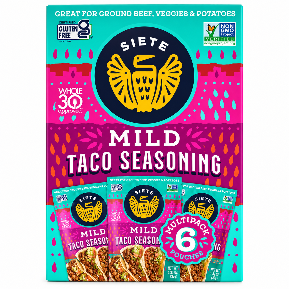 Siete Mild Taco Seasoning 6 pouches package featuring gluten-free spice blend for tacos.