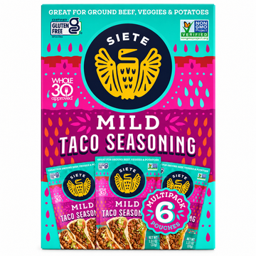 Siete Mild Taco Seasoning 6 pouches package featuring gluten-free spice blend for tacos.