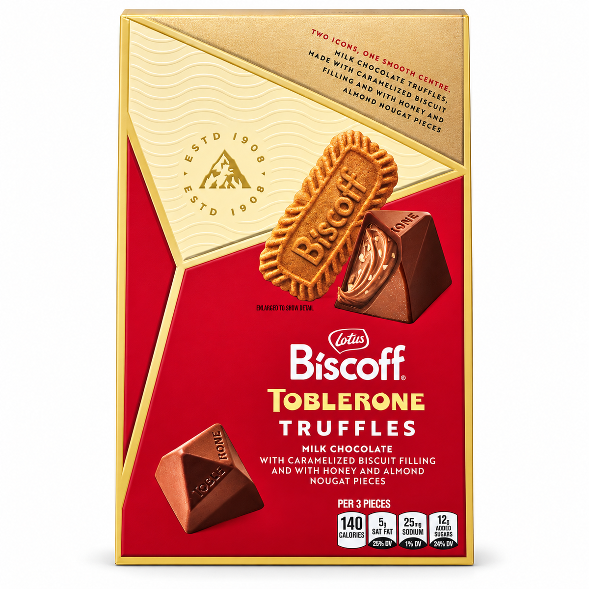 Toblerone Biscoff Truffles 17.46 oz packaged with milk chocolate and Biscoff cookie filling.