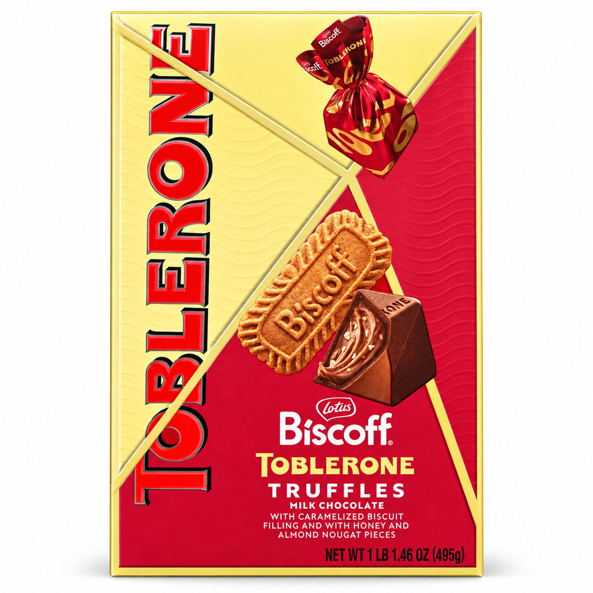 Toblerone Biscoff Truffles 17.46 oz package featuring milk chocolate and caramelized biscuit filling.