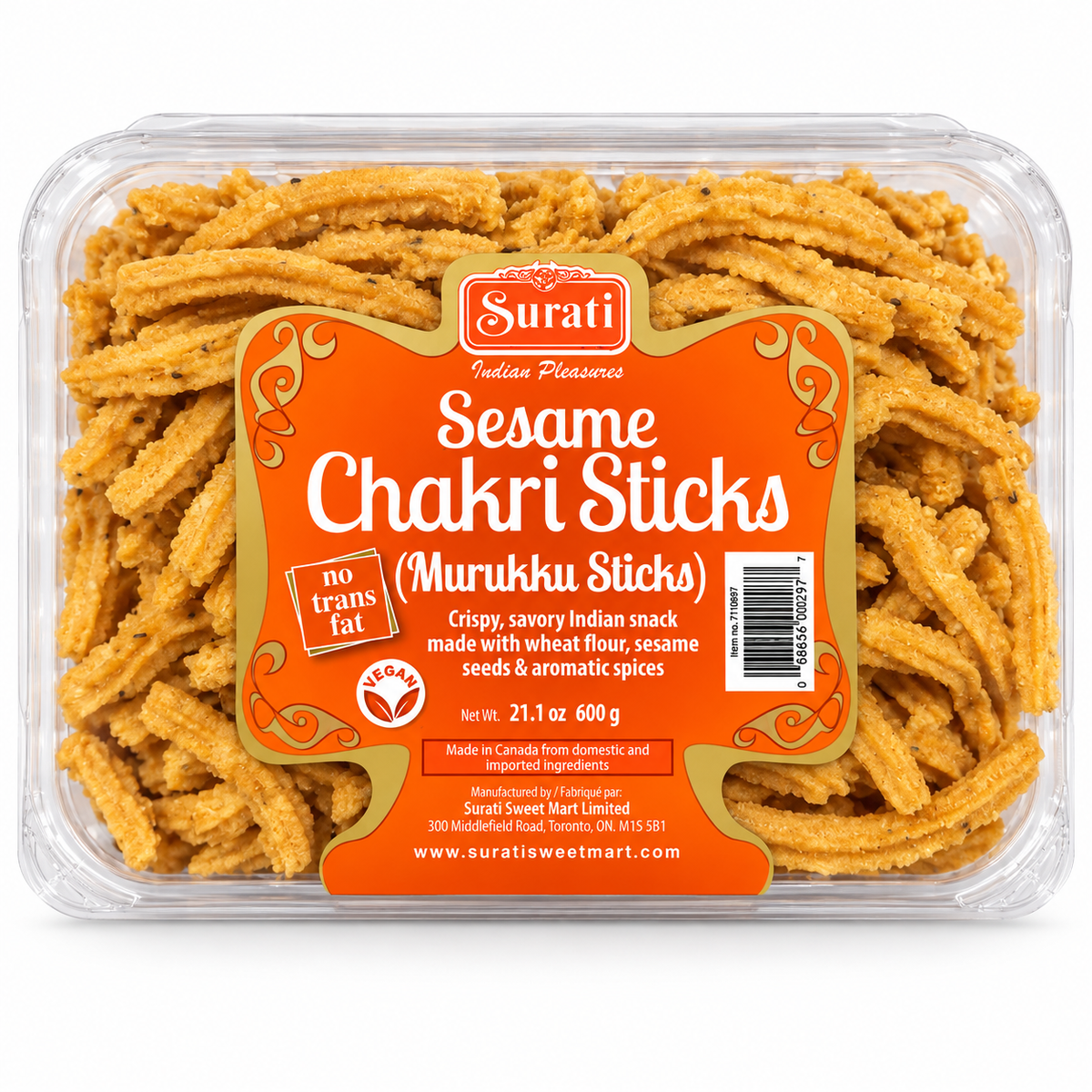Sesame Chakri Sticks 21.1 oz pack from Surati, crispy savory Indian snack with sesame and spices.
