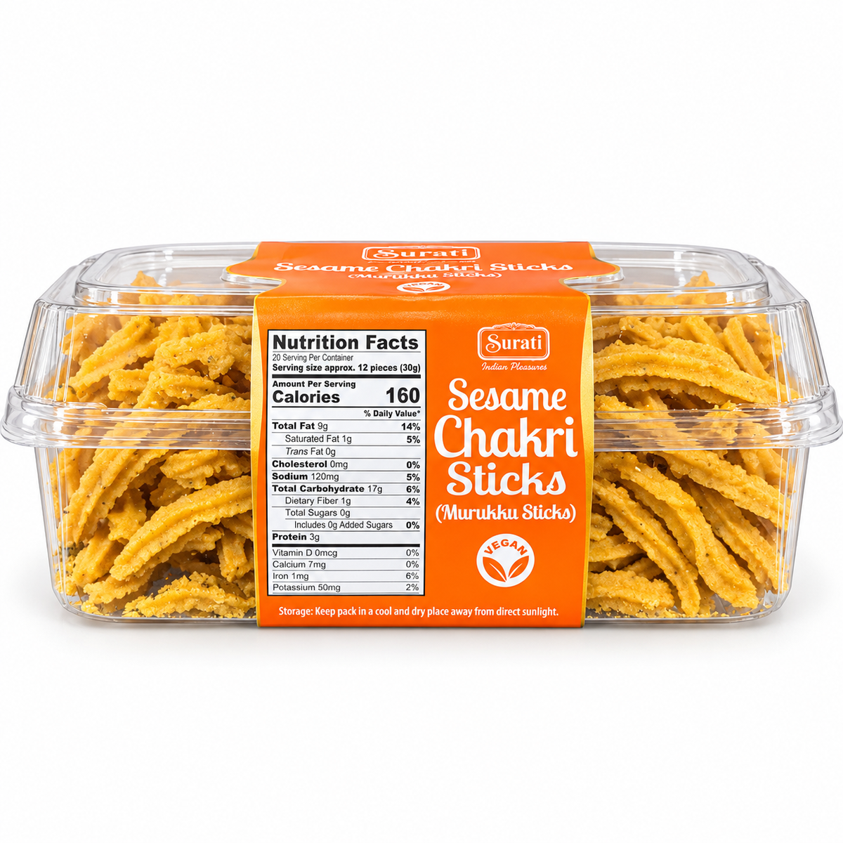 Sesame Chakri Sticks in a transparent container showcasing nutritional information and serving sizes.