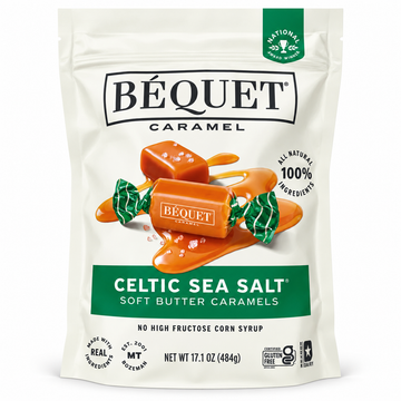 Béquet Celtic Sea Salt Caramels 17.1 oz package featuring soft butter caramels with Celtic Sea Salt®.