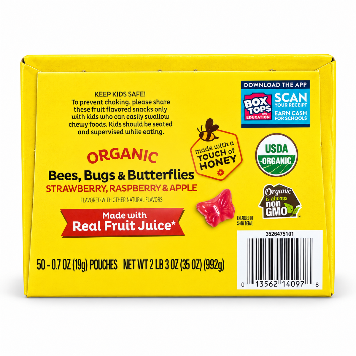 Organic Fruit Flavored Snacks 50 pouches from Annie's featuring strawberry, raspberry, and apple flavors.