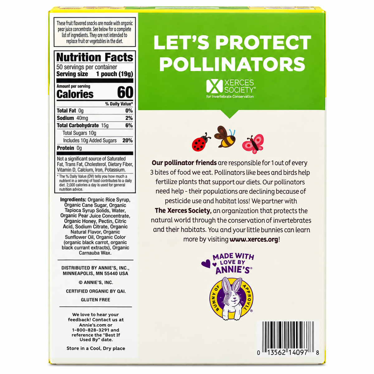Back of Organic Fruit Flavored Snacks packaging showcasing nutrition facts and pollinator protection message.