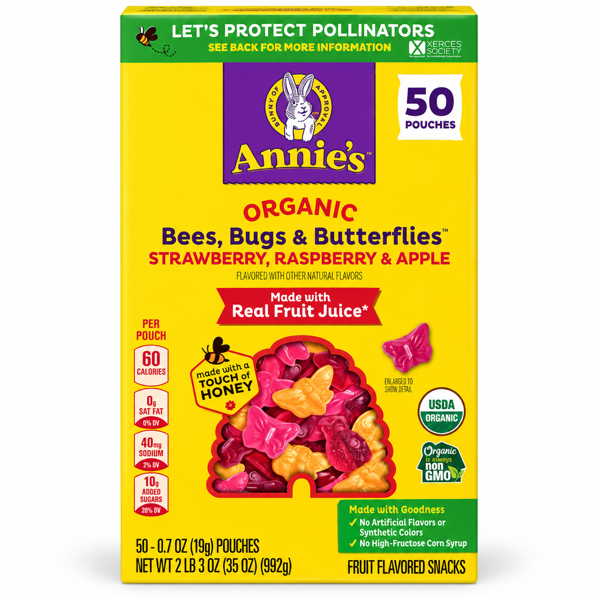 Organic Fruit Flavored Snacks by Annie's - 50 pouches of strawberry, raspberry, and apple flavors in a colorful package.