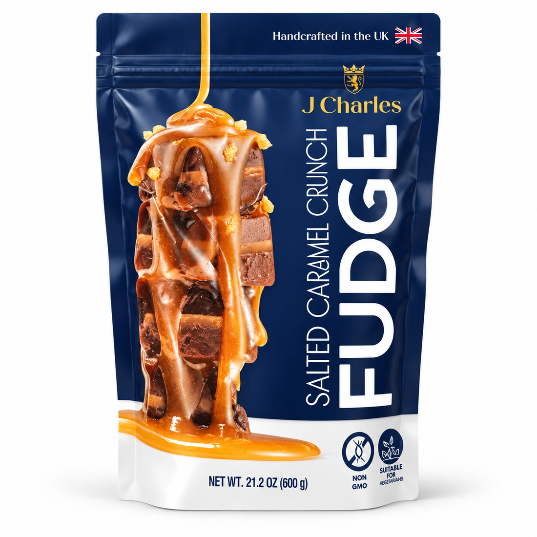 Salted Caramel Crunch Fudge from J Charles in a pouch with caramel drizzle and sea salt.
