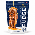 Salted Caramel Crunch Fudge from J Charles in a pouch with caramel drizzle and sea salt.